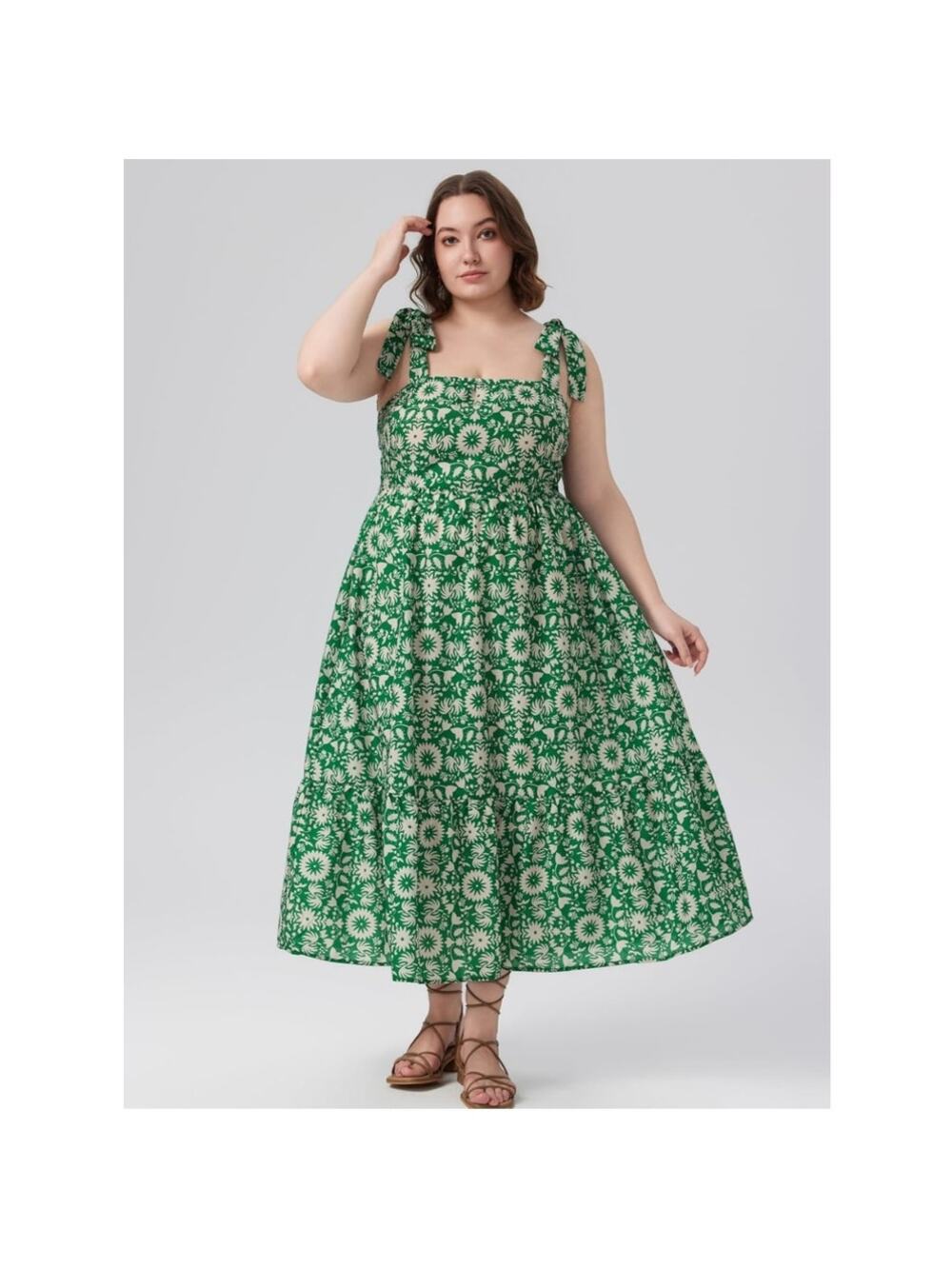 Cider Floral Insect Print Midi Dress 3X 4X Cotton Tie Shoulder Green Cottagecore
